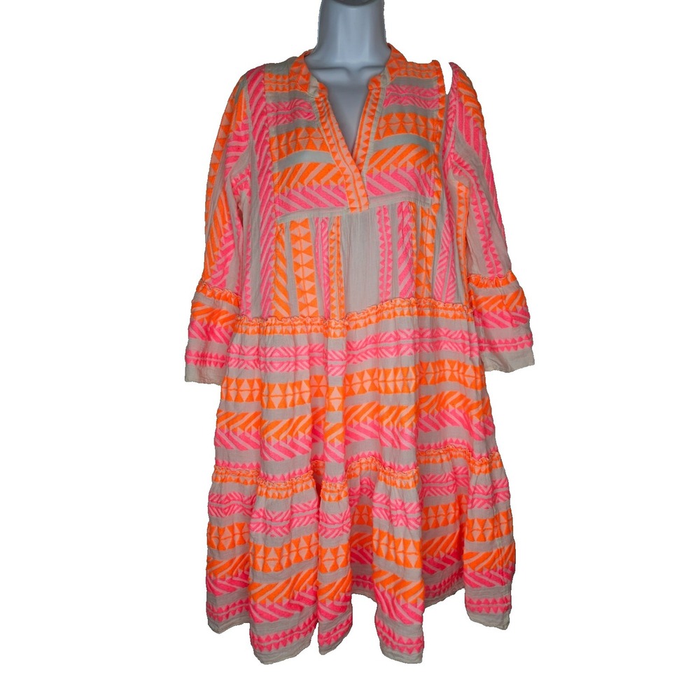 Devotion Twins Embroidered Boho Tunic Dress Neon Festival Gauze Small